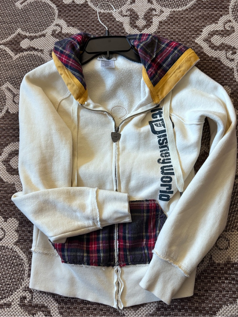 Cream women’s xtra small WDW Zip Hoodie with Plaid Trim